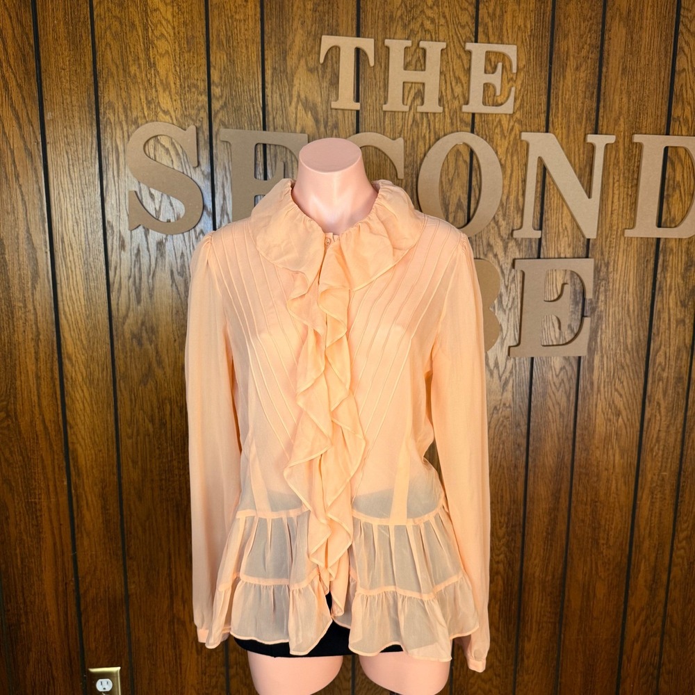 NWT Dorothee Bis Silk Ruffle Blouse Womens 4 Peach Coquette Sheer Peplum Top